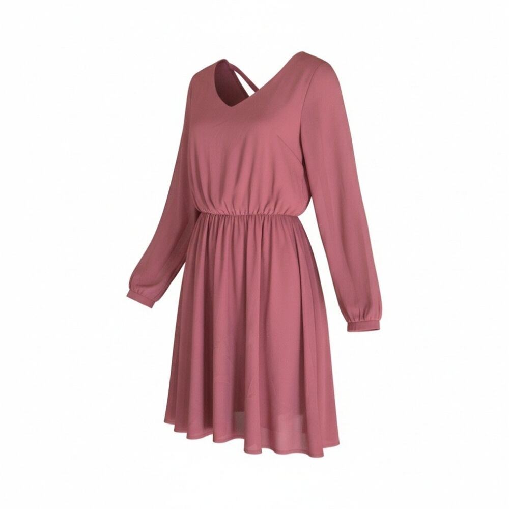 Lush (S) Pink Chiffon A-Line Dress Knee Length Long Sleeve V Neck
